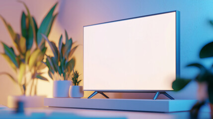 A modern television on a stylish stand surrounded by indoor plants in a softly lit living room setting, 3d illustration.