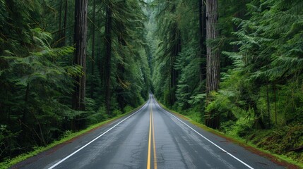 Fototapeta premium Forest Pathway, a tranquil highway meandering through a dense forest, flanked by towering trees and vibrant greenery, inviting exploration in a serene, secluded setting.