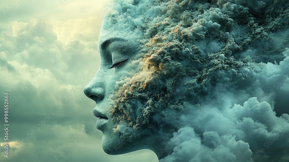 Poster a surreal depiction of a woman's face merging with ethereal clouds symbolizes inner thoughts and emo