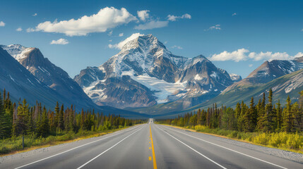 Majestic Highway with Dramatic Mountain Peaks, a breathtaking landscape showcasing towering mountains and an expansive road inviting adventure and exploration.