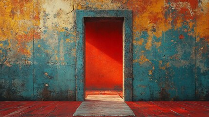 a Abstract funky-style grunge wall with a gateway path, featuring vibrant, textured elements and bold colors.