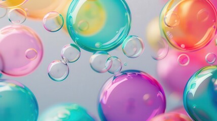 Vibrant Rainbow Bubbles on a Soft Grey Canvas, a playful display of colorful bubbles contrasting against a muted backdrop, creating a whimsical and cheerful atmosphere.