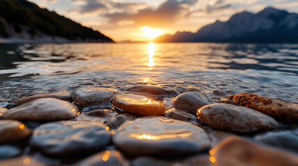 Obraz premium Peaceful Sunset Over the Sea with Rocks, Capturing Serenity and Mindfulness