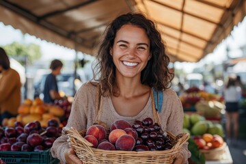 A woman carries a basket filled with peaches and cherries at a bustling outdoor produce market. The market is full of fresh, vibrant fruits and vegetables.