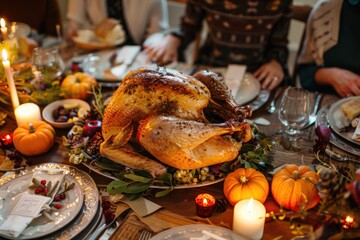 Fototapeta premium Friendsgiving Celebration with Turkey Centerpiece, Decorated Table, and Candlelit Ambiance