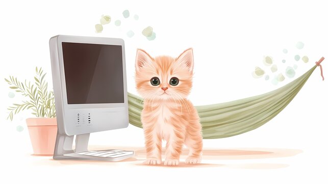 A cute orange kitten sits beside a computer and a hammock, surrounded by greenery, creating a cozy work-from-home vibe.
