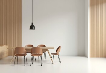 Minimalist Home Office Design: Wooden Slat Wall, Built-in Cabinet, and Meeting Set