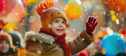 Joyful Child in Turkey Costume Waving at Thanksgiving Parade with Colorful Balloons and Festive Decorations