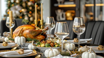 Elegant Thanksgiving Table Setting with Golden Accents and White Pumpkins for Luxurious Dining Experience