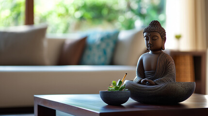A small Buddha statue in a living room with a modern and warm interior. Buddha, incense sticks.