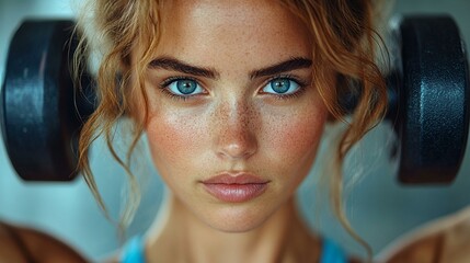 the Close-up of a fit woman lifting dumbbells in the gym, with a focus on her toned physique and determination.