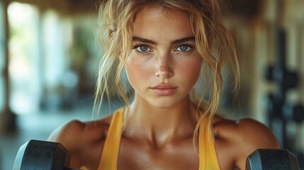 a Close-up of a fit woman lifting dumbbells in the gym, with a focus on her toned physique and determination.