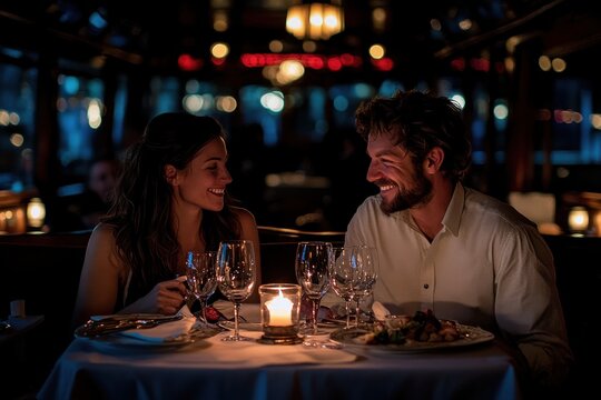 A couple enjoys a romantic dinner date at a cozy restaurant, surrounded by dim lighting and elegantly set tables, showcasing a warm and intimate atmosphere.