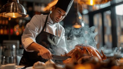 Professional Chef Carving Thanksgiving Turkey in Modern Upscale Restaurant - Perfectly Cooked Holiday Meal