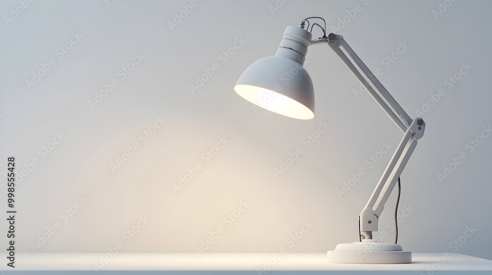 Poster minimalist desk lamp with angular metal frame and understated elegant form on plain white backdrop