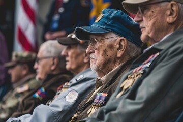 Veterans Day Ceremony with Decorated Veterans Listening to Speaker Amid American Flags