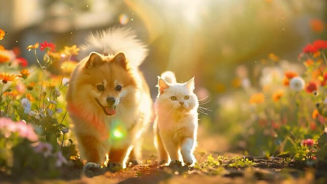 A pomeranian dog and white cat is walking and joyful togetheron the ground that are fulled with summer flowers on sunny day	
