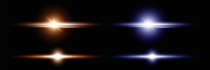 Linear laser beams illuminated by neon light, Glow light effect, Flash of blue and golden light. Vector illustration.