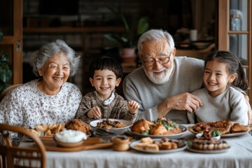 A joyful family scene with grandparents and grandchildren gathering around a festive table filled with delicious dishes, capturing moments of happiness and togetherness.