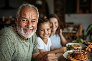 An endearing moment as a grandparent and children start their day with a hearty breakfast at home, capturing simple pleasures, family bonds, and morning routine.