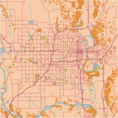 Map of Omaha in Nebraska in a sandy theme. Contains layered vector with roads water, parks, etc.