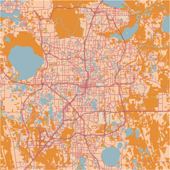 Map of Orlando in Florida in a sandy theme. Contains layered vector with roads water, parks, etc.
