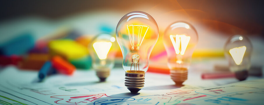 Bright light bulbs illuminate colorful sketches during a creative brainstorming session in a cozy workspace