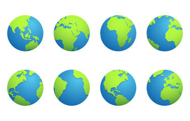Set of round globes isolated on white background. Earth globe 3d icon. Planet Earth Collection. Vector illustration