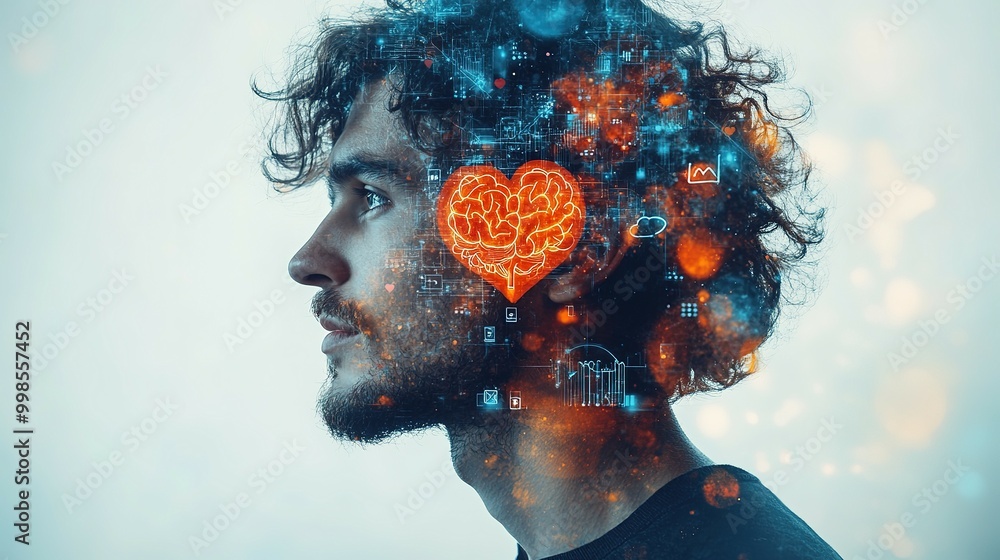 Poster man with a brain shaped like a heart in a digital world