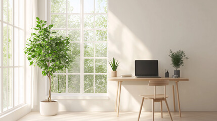 A bright, minimalist home office featuring a sleek, wall-mounted floating desk with a laptop and a single houseplant, clean white walls, and natural light pouring in from a large window