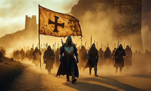 A group of warriors march with a tattered flag in a dusty landscape.