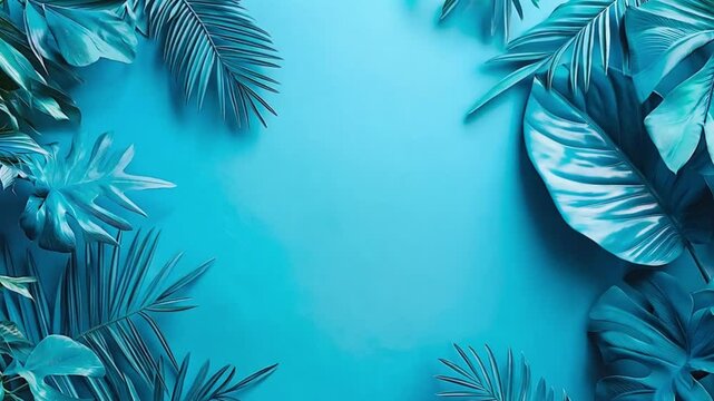 Tropical leaf border on monochromatic blue background.