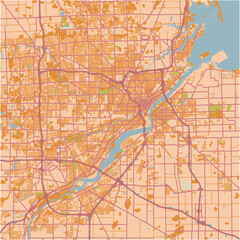 Map of Toledo in Ohio in a sandy theme. Contains layered vector with roads water, parks, etc.