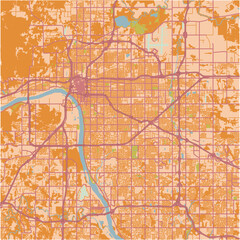 Map of Tulsa in Oklahoma in a sandy theme. Contains layered vector with roads water, parks, etc.