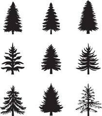 Black silhouettes of a pine tree, Evergreen trees, black and white cliparts