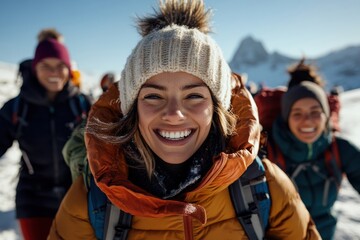 A group of hikers dressed in warm colorful jackets and hats trek through scenic snow-covered mountains under the bright daytime sky, displaying the beauty of winter exploration.