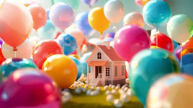 An artistic shot of a mini house model surrounded by colorful balloons, representing the celebration and joy of buying or selling real estate	