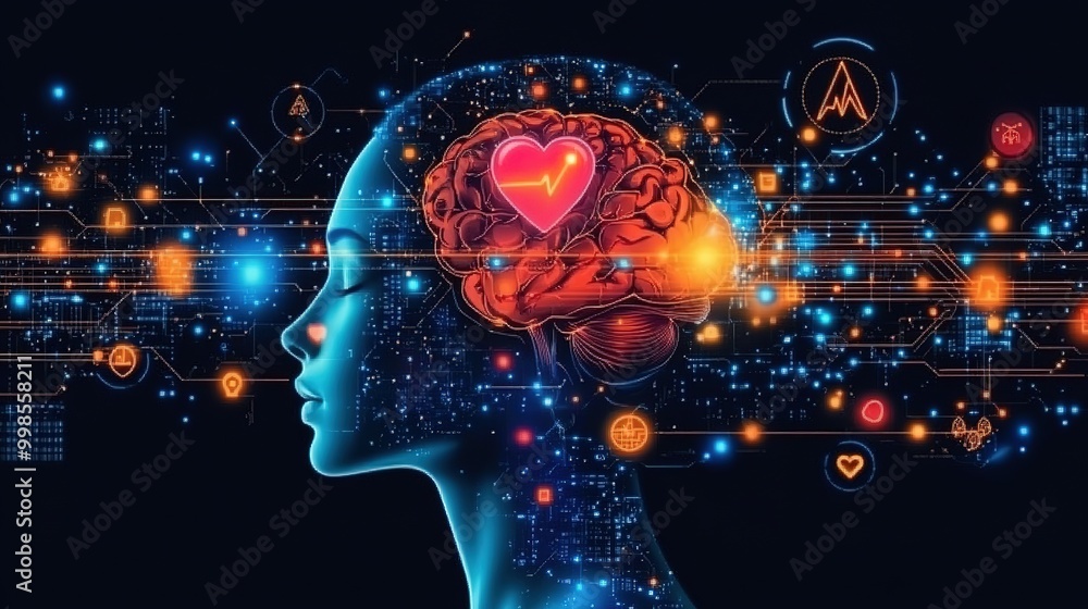 Poster a digital representation of a human brain with a beating heart, surrounded by a circuit board, symbo