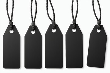 four black tags hanging from a rope on a white background