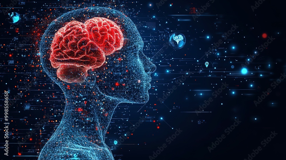 Poster Digital Representation of a Human Head with a Red Brain and Blue Neural Network
