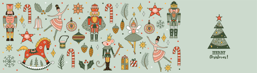 Nutcracker. Cute  gold Christmas vector card. 