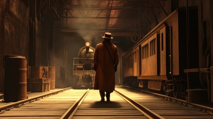 Vintage Detective Stands on Railway Track in Mysterious Depot