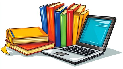 A laptop computer with a stack of colorful books in the foreground, representing the fusion of traditional and digital learning.