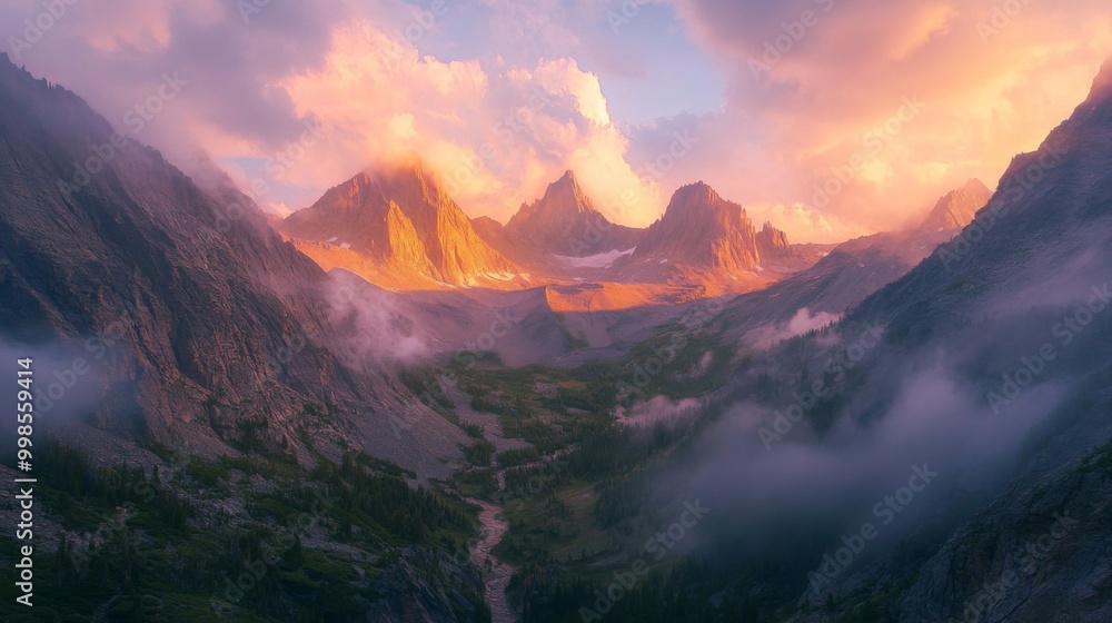 Poster a wide-angle view of a high mountain valley at dawn, with sunlight piercing through layers of clouds
