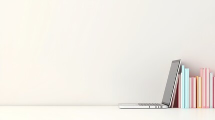 Minimalist workspace with laptop and colorful books on a white shelf.