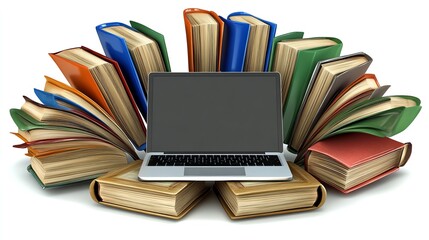 Laptop surrounded by a circle of open books, representing education and technology.