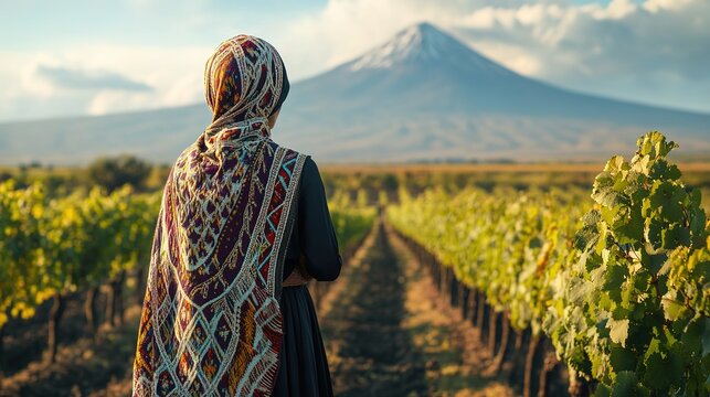 A woman in a traditional Armenian taraz, standing in a vineyard with Mount Ararat in the distance.