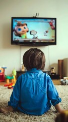 The child is enjoying a cartoon on TV in the living room.