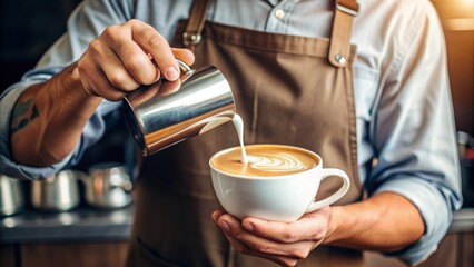 Barista pouring steamed milk into a coffee cup, Barista, pouring, steamed, milk, coffee cup, latte, cappuccino