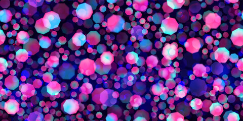 Neon purple bokeh seamless bg with light circle pattern on dark backdrop. Bright festive background with overlay effect. Vector illustration